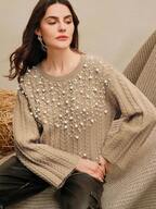 Khaki Round Neck Loose Asymmetrical Hem Flare Sleeve Pearled Knit Sweater, Mid-Length, Autumn/Winter
