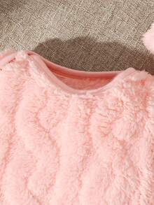 SHEIN Vintaside Kids 新生儿男女通用休闲日常可爱几何图案抓绒连体衣，带帽子，适合外出，秋冬季 - 藕粉色 - 查看 3