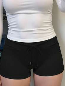 INAWLY Quần short bó cạp chun rút màu trơn đơn sắc dành cho nữ - màu đen - Xem 4