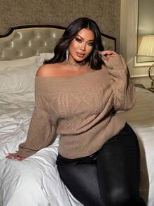 NU&NOW Plus Size Women's Off Shoulder Cable Knit Diamond Pattern Pullover Sweater Fall Winter Cloth For Women Autumn - Khaki - View 5