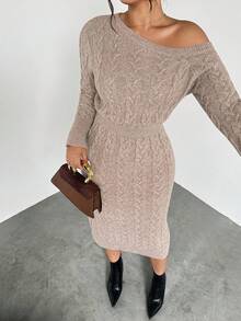 Firerie Große Größen Herbst/Winter Neue Mode Rundhals Sexy schräge Schulter Off-Shoulder Zopfstrick Pulloverkleid