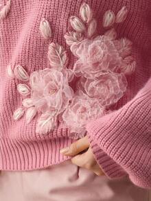 Anewsta 新款加厚套头毛衣，秋冬畅销款，时尚3D立体花卉针织圆领毛衣，宽松舒适针织上衣，大码毛衣外套，女士冬季服装 - 粉色 - 查看 1