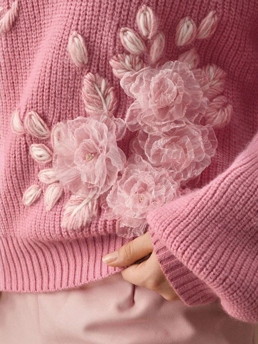 Anewsta 新款加厚套头毛衣，秋冬畅销款，时尚3D立体花卉针织圆领毛衣，宽松舒适针织上衣，大码毛衣外套，女士冬季服装 - 粉色 - 查看 1
