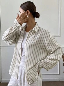 DAZY Women's Loose Striped Embroidered Long Sleeve Collared Casual Elegant Blouse, Spring/Autumn - Pink - View 5