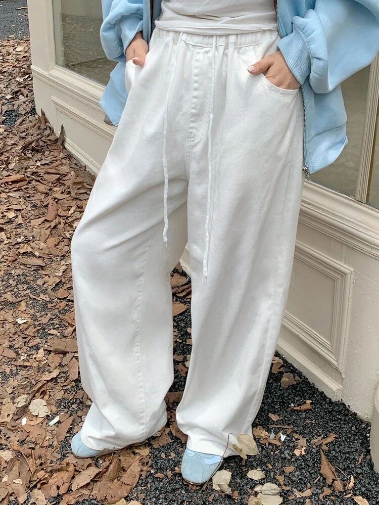 Dazy Plus Plus Size Women's Solid Color Elastic Waist Drawstring White Long Straight Leg Jeans, All Season