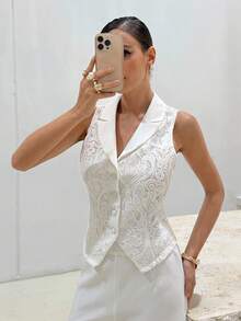 Lavishia Women's Mesh Embroidered Sleeveless Formal Elegant Top, Fashionable Design - White - View 4