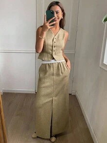 DAZY Conjunto de chaqueta de chaleco ajustada de cuello en V sin mangas y falda recta con abertura en el bajo, para otoño/invierno - Caqui - Ver 3