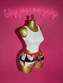 Slaydiva Women's White Summer Streetwear Lounge Two Piece Set, Crop Racerback Tank Top & Red Geometric Print Fuzzy Low-Rise Bodycon Shorts,Bohemian Outfit - Red - View 7