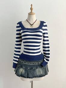Flirla Sweater Rajut Bergaris Pas Badan dengan Warna Kontras untuk Wanita, Pakaian Musim Gugur dan Musim Dingin yang Modis & Serbaguna untuk Wanita - MultiWarna - View 6