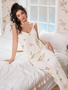 CottageSlumber Chiffon Yellow Floral Print Romantic Ruffle Trim Camisole & Pants Pajama Set Sleepwear Sets For Women Women Pajama Sets Summer Lounge Sets For Women Floral Pajama Sets Summer Pajama Sets For Women  Cozy And Elegant Details - Apricot - View 5