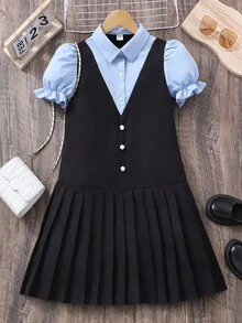 Girls' Patchwork 2-In-1 Dress, Flare Sleeves And Bow Decor, Suitable For Spring/Summer, School/Campus Wear - Black - View 9