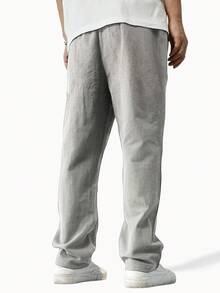 Manfinity EZcore 男士宽松纯色抽绳腰直筒裤，秋季 - 淺灰色 - 查看 2