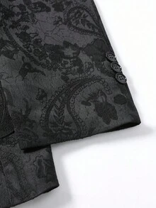 Manfinity Homme 男士花卉提花长袖单排扣西装外套和裤子套装 - 黑色 - 查看 4