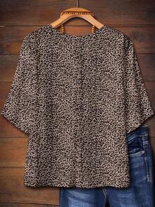 EMERY ROSE Plus Size Women's Leopard Floral Print Beige Button Down Short Sleeve Casual Shirt,Summer Boho Vacation Country Resort Bohemian Chic Blouses - Multicolor - View 2