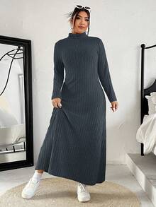 SHEIN EZwear 秋冬大码纯色立领长款休闲连衣裙 - 灰色 - 查看 5