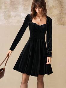 INAWLY 女式优雅黑色长袖短上衣和吊带吊带裙 2 件套 - 黑色 - 查看 7