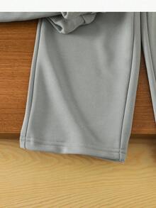 年轻女孩休闲日常通勤运动风格字母刺绣落肩宽松运动衫和直筒运动裤套装，秋季/春季 - 深灰色 - 查看 5