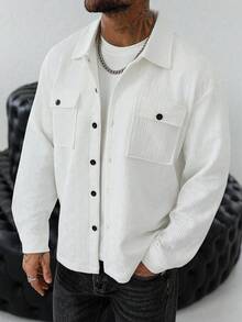 Manfinity Homme 男士休闲衬衫夹克，立领纽扣长袖开衫，双口袋，适合日常、休闲、时尚、通勤、街头风格、春秋季 - 白色 - 查看 8