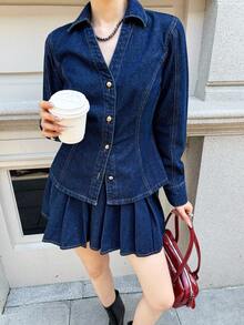 K-Vae 女士全牛仔蓝色复古做旧风格短裤套装，长袖单排扣上衣和百褶裙休闲牛仔套装，返校节服装，外出装，商务休闲女装