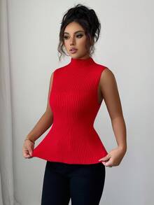 Elenzga 1pc Women's New Arrival Sleeveless Turtleneck Fitted Hem Ruffle Knit Casual Tank Top - Red - View 6