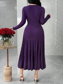 Feyla Women's Solid Color Round Neck Long Sleeve Fishtail Hem Fitted Elegant Knit Dress, Autumn - Purple - View 2