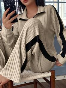 SHEIN 女士休闲撞色拼接半拉链领长袖上衣和阔腿裤家居服套装，两件套罗纹家居服，长袖家居服，女士家居服套装，秋冬服装，舒适套装 - 卡其色 - 查看 3