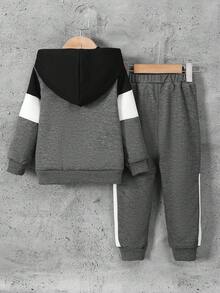 SHEIN Explorewe Young Boy Collegiate Style Color Block Zip-Up Hoodie Set, Spring/Autumn,ChicAutumn,Halloween, Christmas Fall Winter - Grey - View 2