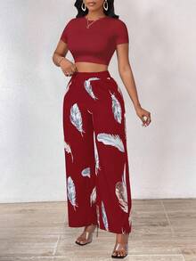INAWLY 2pcs/Set Women Solid Color Round Neck Crop Top & Feather Print Pants Casual Outfit - Burgundy - View 5