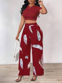INAWLY 2pcs/Set Women Solid Color Round Neck Crop Top & Feather Print Pants Casual Outfit - Burgundy - View 6