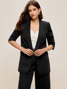BizChic 2025 Autumn/Winter New Black Shawl Neck Blazer With Lace Waist Inset & Wide Leg Pants Suit, 2 Pieces Set, Versatile For Daily, Commute, Modern Elegant, Business Casual, Office, Music Festival, Wedding Guest, Birthday, Halloween, Party, Travel, Christmas, Saudi National Day, New Year - Black - View 4