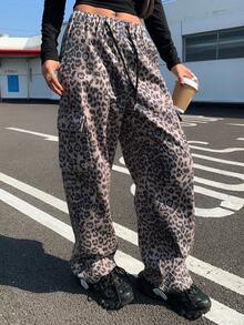DAZY Women's Leopard Print Elastic Waist Drawstring Casual Loose Cargo Pants - Brown - View 7