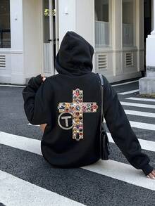 EMERY ROSE 女士水钻十字图案连帽长袖运动衫 - 黑色 - 查看 5