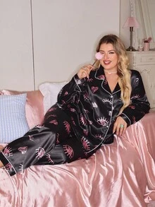 SHEIN Conjunto de pijama de manga larga con estampado de ojos y pantalón largo de talla grande, estilo casual y de moda, color negro, ropa de otoño - Negro - Ver 6