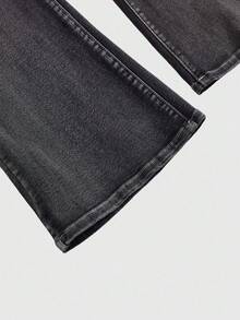 ROMWE Fairycore Quần jeans ống loe cạp trễ đính đá thêu hình xương cổ điển Y2K dành cho nữ - màu đen - Xem 3