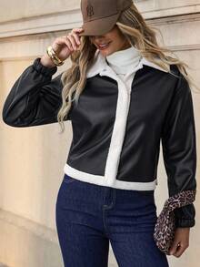 SHEIN Clasi Jachetă casual din fleece cu umeri căzuți, cu nasturi, pentru femei, toamnă/iarnă - Negru - Vizualizare 6