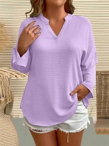 EMERY ROSE Plus Size Women's Casual Everyday Simple Solid Color Notched Neck Loose Blouse, Spring/Autumn - Mauve Purple - View 5