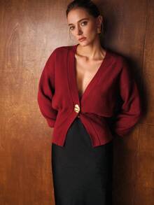 MOTF PREMIUM CÁRDIGAN DE MANGA FAROL CON CUELLO PRONUNCIADO, BOTONES METÁLICOS, DOBLADILLO ANCHO - Burdeos - Ver 7