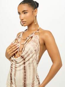 SUMWON WOMEN Distressed Print Mini Dress Satin Finish Cowl Neck Tie Side Adjustable Clubwear Party Evening Fashion Forward Bodycon Design Trending Now Fall Winter Collection - Brown - View 4