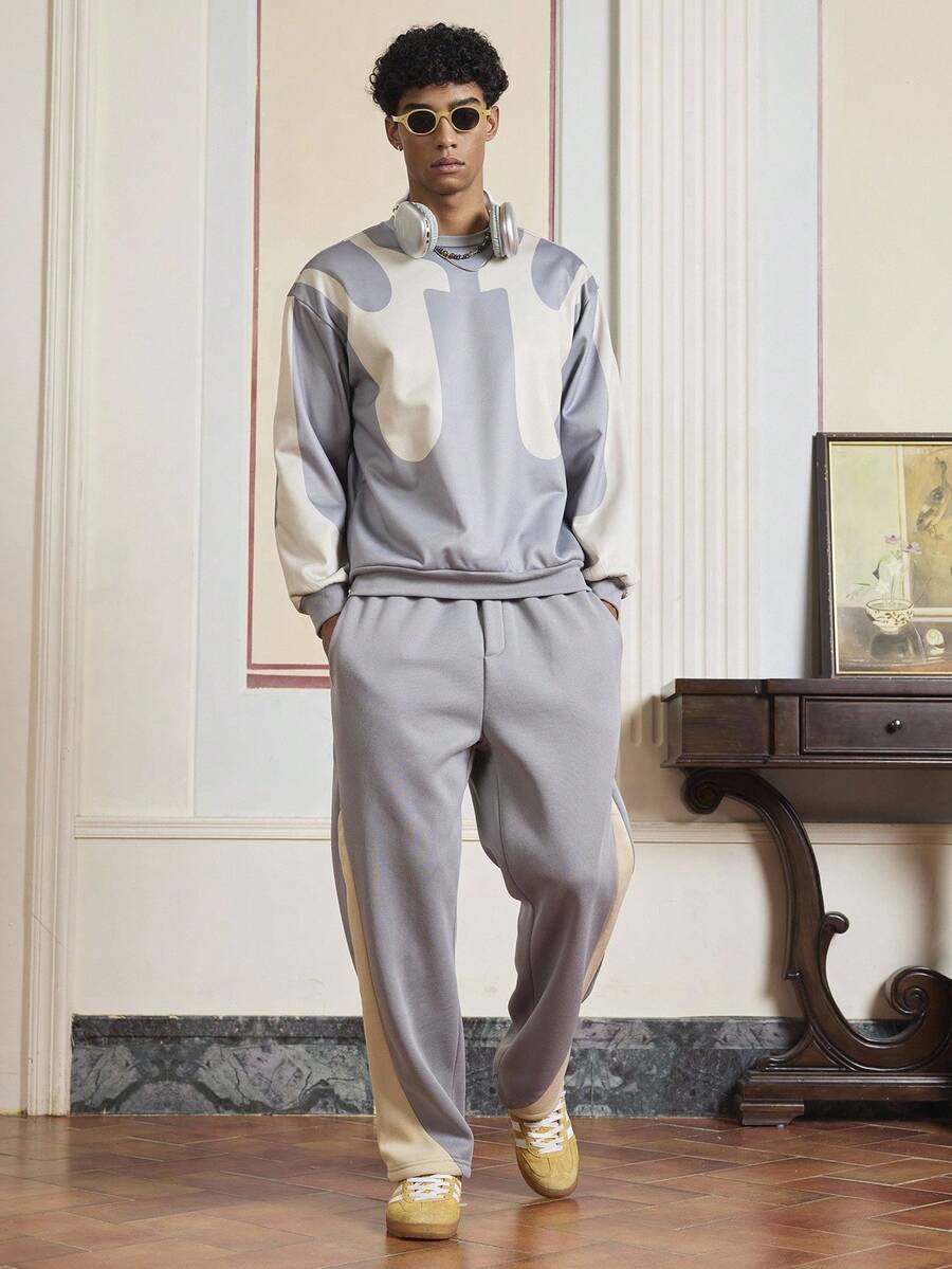SWAVVY 男士印花长袖套头卫衣和口袋运动裤套装，秋季服装，冬季 - 灰色 - 查看 1