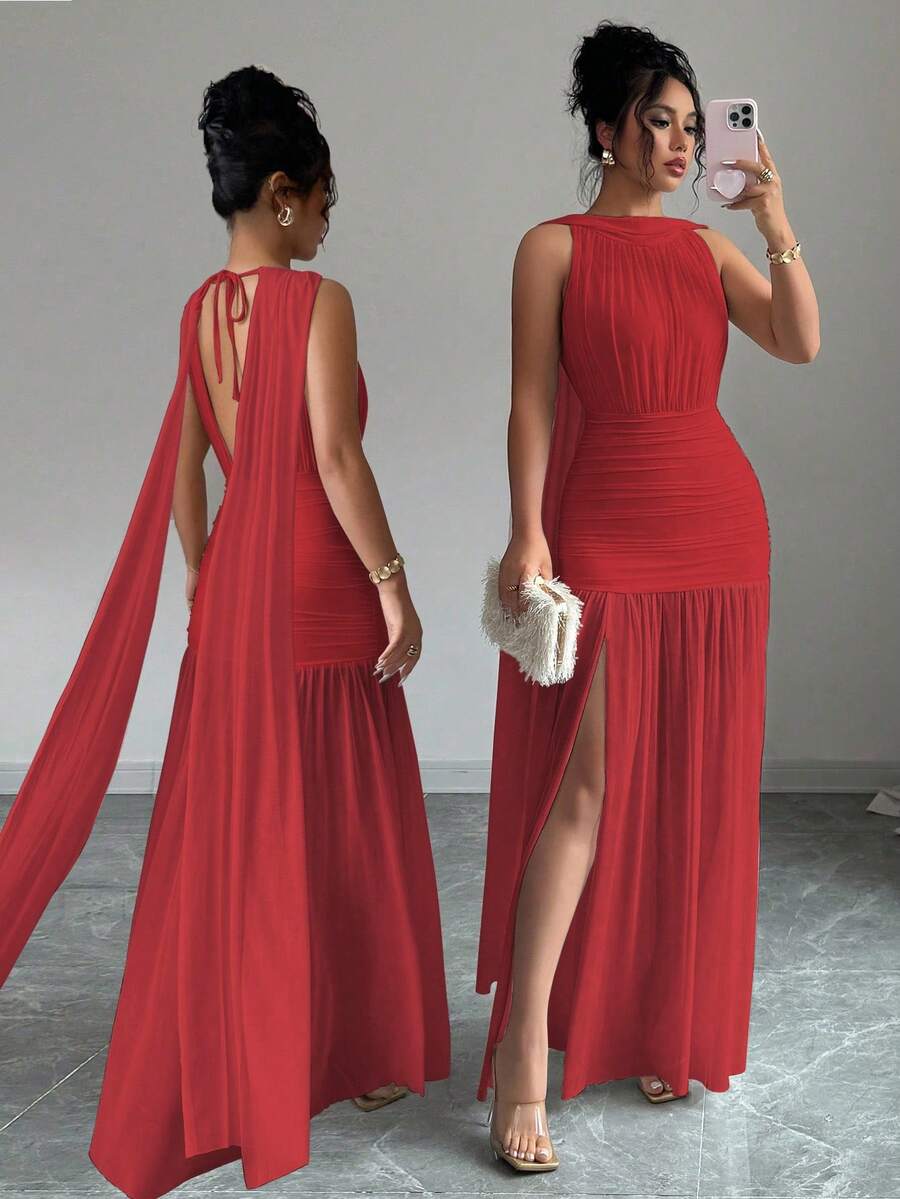 Elenzga Váy suông hở lưng xẻ cao màu trơn dành cho nữ - Đỏ - Xem 1