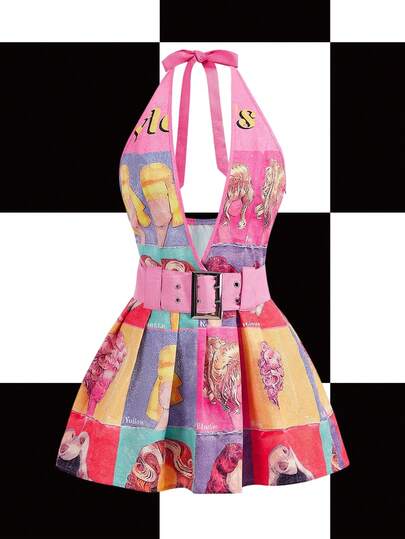 Y2Kool Anapauaaart Artist Girlcore Casual Printed Backless Halter Short Dress For Women, Summer Dress, Sundress Holiday, Party Concert Outfit, Birthday Outfits, Festival, Rave Outfits Festival, Western Wear, Prom Dress Going Out Autumn Y2K Clothes Stylish Clothing Collection New Year Outfits