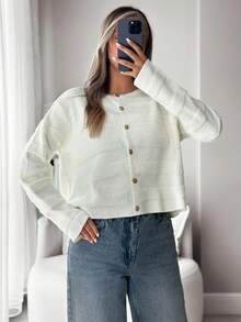 SHEIN Tall Tall Women Autumn Winter Casual & Elegant Solid Button Textured Cardigan,Cardigans,Long Cardigans Woman,Petite - Apricot - View 3