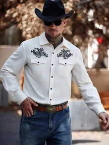 Manfinity Nomadique Men's Floral Print Long Sleeve Single-Breasted Casual Shirt With Pockets Men Western Shirt Beige Men Western Shirt Western Shirts, Fall - Black and White - View 3
