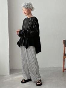 FRIFUL Áo thun nữ tay dài cổ tròn trễ vai màu đen trơn xếp ly dáng rộng thoải mái, phù hợp cho các buổi đi chơi, mùa thu - màu đen - Xem 2