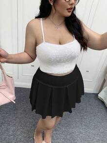 SHEIN EZwear 大码纯色休闲百褶迷你裙 - 黑色 - 查看 13