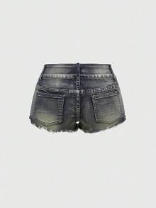 ROMWE J-Fashion Y2K sexy vintage verwaschene Denim-Shorts mit Totenkopf-Nieten für Frauen mit tiefer Taille - Verschiedenfarbig - Übersicht 2