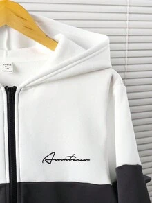 SHEIN Teen Boy Casual Loose Colorblock Patchwork Zipper Sweatshirt Jacket,White,Winter,Streetwear,Graduation,Comfortable Versatile Outings Fall Outwear Tops - Grey - View 6