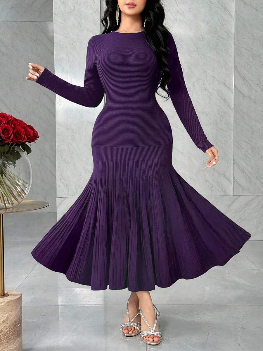 Feyla Women's Solid Color Round Neck Long Sleeve Fishtail Hem Fitted Elegant Knit Dress, Autumn - Purple - View 1