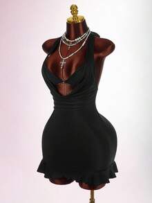 Amplova 女式性感露背系带紧身迷你连衣裙，带荷叶边下摆装饰 - 黑色 - 查看 2