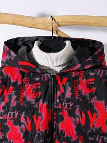 SHEIN Tween Boys' Black Winter Casual School Back-To-School Loose Fit Thick Padded Jacket,Letter Patch Hooded Versatile Coat For Commuting,Sports & Vacation - White - View 5